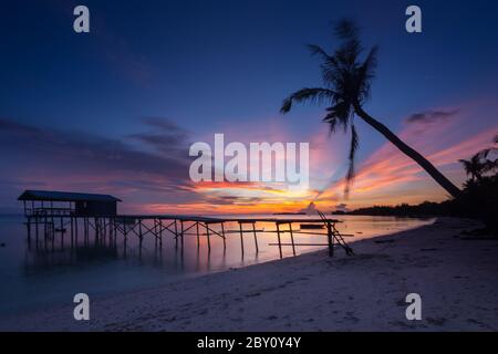 Incredibile splendido tramonto con silhouette di legno e albero di cocco a Mantanani Island, Sabah, Borneo. L'isola di Mantanani ha un lungo tratto di bianco Foto Stock