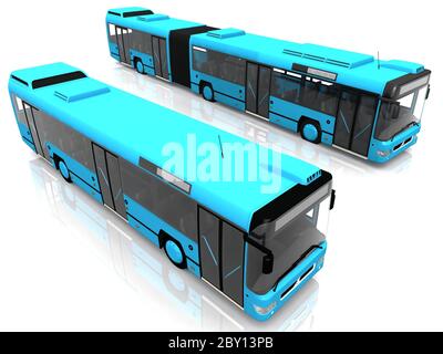 Due autobus blu sulla città su sfondo bianco Foto Stock