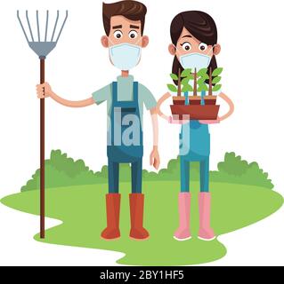 gli agricoltori abbaccano le maschere mediche con rastrello e caratteri houseplant disegno di illustrazione vettoriale Illustrazione Vettoriale