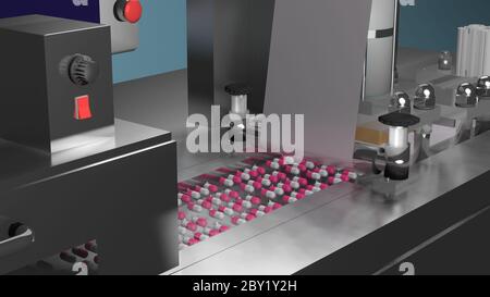 Confezione blister in capsule, concetto di produzione farmaceutica industriale. Immagine di rendering 3D Foto Stock