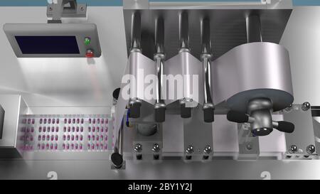 Confezione blister in capsule, concetto di produzione farmaceutica industriale. Immagine di rendering 3D Foto Stock