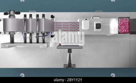 Confezione blister in capsule, concetto di produzione farmaceutica industriale. Immagine di rendering 3D Foto Stock
