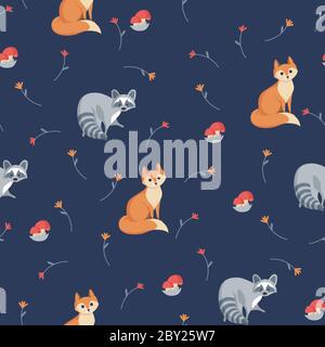 Modello senza giunture animale. Volpe e rincoon su sfondo blu con fiori e funghi. Illustrazione vettoriale in stile carino cartone animato Illustrazione Vettoriale