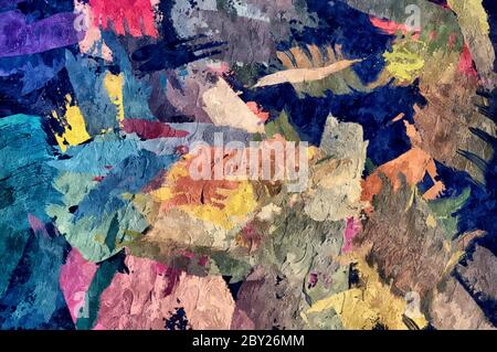 astratta stilizzazione psichedelica dello sfondo acquerello da pennellate caotiche colorate di diverse dimensioni e macchie sfocate di vernice. Foto Stock