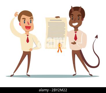Illustrazione di concetto di affari di un uomo d'affari che fa un affare con il diavolo Illustrazione Vettoriale