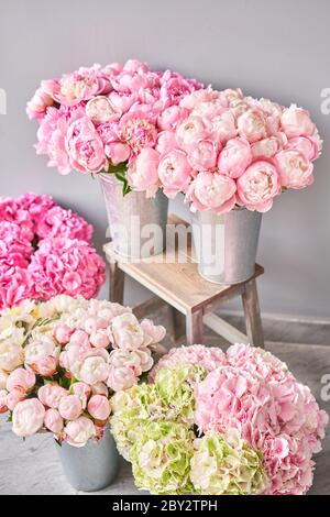 Vasi con peonie per la consegna dei fiori. Angelo rosa guancia peonie in un vaso di metallo. Bel fiore di pony per catalogo o negozio online. Negozio di fiori Foto Stock