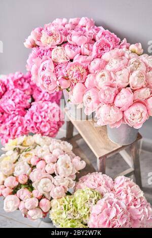 Vasi con peonie per la consegna dei fiori. Angelo rosa guancia peonie in un vaso di metallo. Bel fiore di pony per catalogo o negozio online. Negozio di fiori Foto Stock