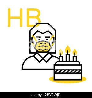 Concetto di compleanno durante l'isolamento sociale e coronavirus. Donna in maschera con torta isolata su sfondo bianco. Illustrazione Vettoriale