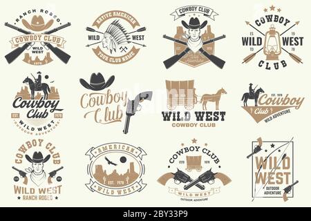 Set di badge cowboy club. Rodeo Ranch. Illustrazione vettoriale. Concept per camicia, logo, stampa, timbro, tee con cowboy e fucile. Design tipografico vintage con silhouette di fucile occidentale e occidentale. Illustrazione Vettoriale