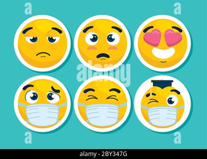 set di emoji che indossano maschere mediche, volti gialli con una maschera chirurgica bianca, icone per la covid 19 coronavirus focolaio Illustrazione Vettoriale