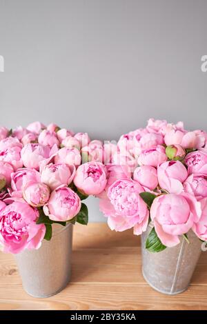 Due vasi con peonie per la consegna dei fiori. Angelo rosa guancia peonie in un vaso di metallo. Bel fiore di pony per catalogo o negozio online. Floreale Foto Stock
