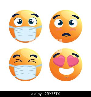 set di emoji indossare maschera medica, facce gialle con una maschera chirurgica bianca, icone per la covid 19 coronavirus focolaio Illustrazione Vettoriale
