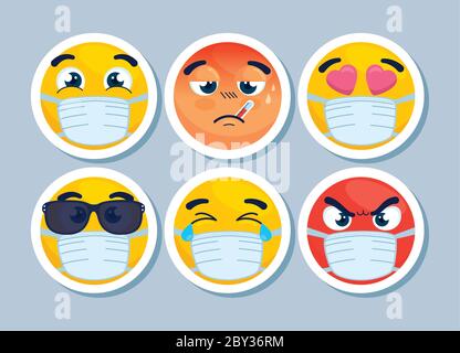 set di emoji che indossano maschere mediche, volti gialli con una maschera chirurgica bianca, icone per la covid 19 coronavirus focolaio Illustrazione Vettoriale