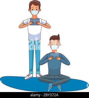 giovani uomini che indossano maschere mediche utilizzando caratteri tecnologici disegno vettoriale illustrazione Illustrazione Vettoriale