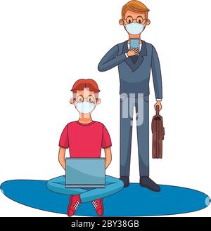 giovani uomini che indossano maschere mediche utilizzando caratteri tecnologici disegno vettoriale illustrazione Illustrazione Vettoriale