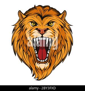 Capo Angry, Leone ruggito. Re Leone tatuaggio. Re della corona. Predator animale. Logo Lion Mascot Color. Tatuaggio animale. Mascotte arrabbiata di sport animali. Gatto grande selvatico. Foto Stock