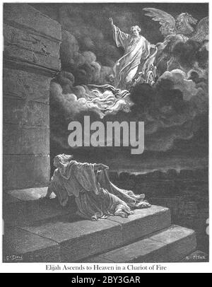 Elia prese in cielo in un Cariotto di fuoco 2 Re 2:11 dal libro 'la Galleria della Bibbia' illustrato da Gustave Dore con memorie di Dore e lettera-stampa descrittiva di Talbot W. Chambers D.D. Pubblicato da Cassell & Company Limited a Londra e contemporaneamente da Mame a Tours, Francia nel 1866 Foto Stock