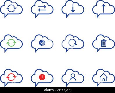 Icona del Cloud Computing impostata. Icona del contorno. Include sincronizzazione dei dati, trasferimento, accesso, download, caricamento, account e altro. Illustrazione Vettoriale