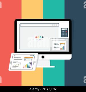schermo del computer desktop con browser della pagina di caricamento e calcolatrice digitale. Icona dell'editor di testo e grafica sull'illustrazione vettoriale stile piatto Illustrazione Vettoriale