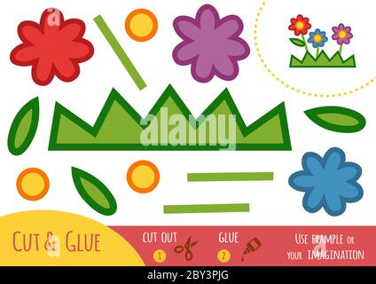 Gioco di carta di istruzione per bambini, fiori. Utilizzare forbici e colla per creare l'immagine. Illustrazione Vettoriale