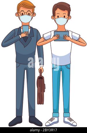 giovani uomini che indossano maschere mediche utilizzando caratteri tecnologici disegno vettoriale illustrazione Illustrazione Vettoriale