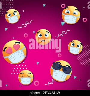 set di emoji che indossano maschere mediche, icone per il covid 19 coronavirus in sfondo geometrico astratto Illustrazione Vettoriale