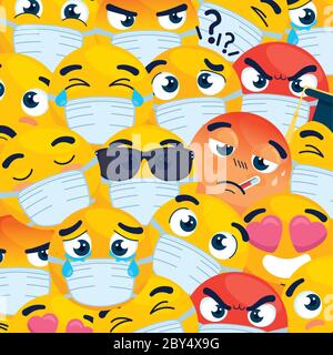 sfondo, emoji indossare maschere mediche, facce gialle con maschere chirurgiche bianche, icone per la covid 19 coronavirus focolaio Illustrazione Vettoriale