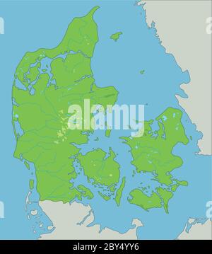 Mappa fisica Danimarca dettagliata. Illustrazione Vettoriale