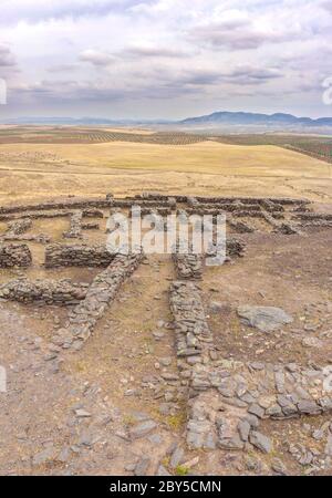 Hornachuelos case. Oppidum romano-repubblicano, II secolo a.C. Sito archeologico di Ribera del Fresno, Spagna Foto Stock