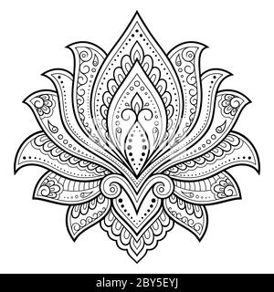 Motivo floreale mehndi loto per disegno hennese e tatuaggio. Decorazioni in stile orientale, indiano. Doodle ornamento. Illustrazione vettoriale del disegno a mano del contorno Illustrazione Vettoriale