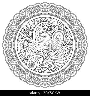 Modello circolare sotto forma di mandala. Hennè tatoo mandala. Stile Mehndi. Motivo decorativo in stile orientale. Pagina del libro da colorare. Illustrazione Vettoriale