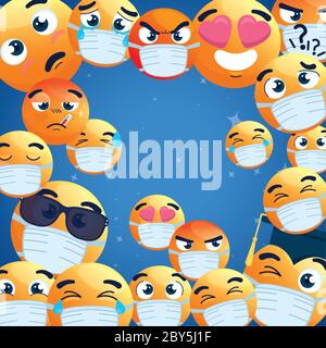 cornice di emoji indossare maschera medica, facce gialle con maschera chirurgica bianca, icone per la covid 19 coronavirus focolaio Illustrazione Vettoriale