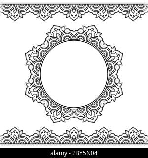 Set di bordi senza giunture e ornamenti circolari per la progettazione, l'applicazione di hennè, Mehndi e tatuaggi. Motivo decorativo in stile etnico orientale. Illustrazione Vettoriale