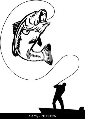 Illustrazione di un pescatore basso pesca di cattura di un largemouth, largies, largemouth settentrionale, widemouth, Bucketmouth o Florida basso, saltando su è Illustrazione Vettoriale
