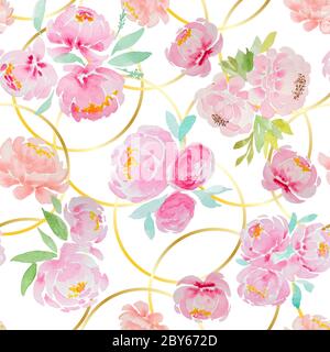 Motivo senza cuciture di peonie rosa e rose disegnate a mano con cornici rotonde dorate su sfondo bianco. In attesa di una scheda, tessuto, disegno. Foto Stock
