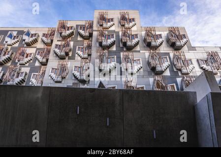 MSP Building, parte del Parlamento scozzese nella zona di Holyrood a Edimburgo, capitale della Scozia, parte del Regno Unito Foto Stock