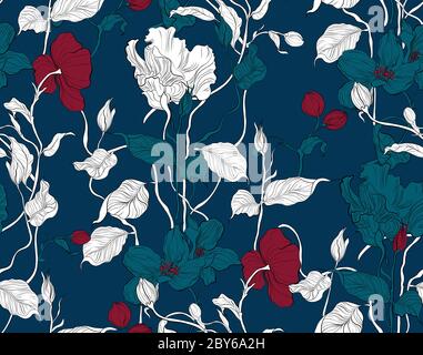 Pelargonio con fiori di mela su sfondo blu. Motivo floreale senza cuciture. Strutture vegetali per tessuti, imballaggi, carta. Stampa decorativa. Illustrazione Vettoriale