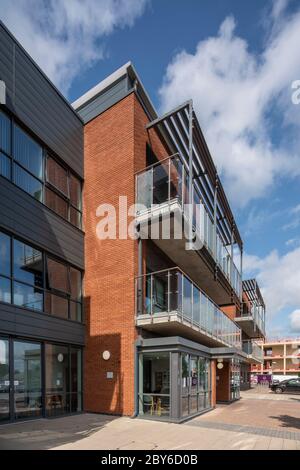 Dettaglio dell'elevazione dell'ingresso principale. Townlands Memorial Hospital, Henley-on-Thames, Regno Unito. Architetto: AHR, 2017. Foto Stock