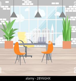 Interni ufficio boss in design piatto, vista dalla finestra sul mega Illustrazione Vettoriale