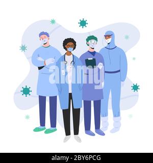 Medici e infermieri che indossano tute e maschere di protezione in piedi insieme pronti per l'epidemia di coronavirus, concetto professionale di lavoro di squadra, team medico Illustrazione Vettoriale