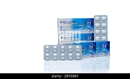 CHONBURI, THAILANDIA-MAGGIO 24, 2020 : compresse di ฺBilaxten in blister di alluminio. Bilastine 20 mg farmaci antistaminici non sedativi. Bilaxten Foto Stock