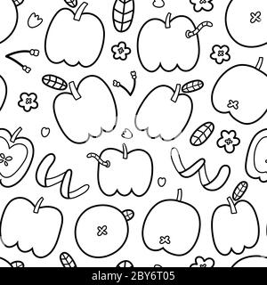 Doodle mela modello, trendy profilo disegno, senza cuciture vettore ornamento, linea di disegno bianco e nero, mele e foglie carine e fiori in fiore Illustrazione Vettoriale