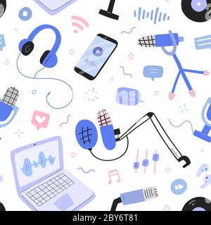 podcast e pattern di trasmissione, collage vettoriale con microfoni, cuffie, programma per computer per registrare e produrre podcast, senza interruzioni Illustrazione Vettoriale