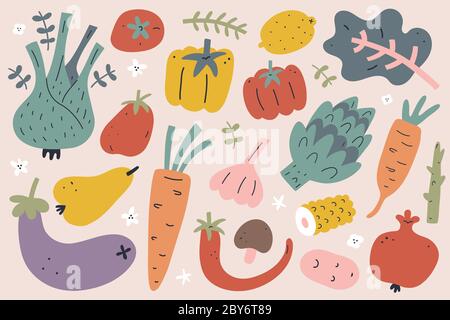 Set di verdure e frutta, illustrazione di doodle disegnate a mano, moderna clipart vettoriale, pomodoro, aglio e cipolla, prodotti agricoli per la raccolta, oragnico intero Illustrazione Vettoriale