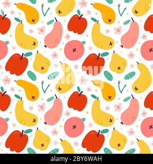 Motivo di frutta di pera di mela, stampa estiva brillante, motivo vettoriale senza giunture, ornamento per tessile della cucina, sfondo colorato, frutta fresca dolce succosa Illustrazione Vettoriale