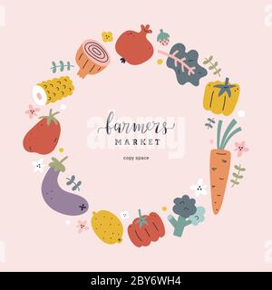 Modello di poster di mercato dei framers con illustrazioni di alimenti, logo di lettere, ortaggi e frutta disegnati a mano, corona vettoriale, disposizione con spazio di copia Illustrazione Vettoriale