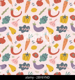 Verdure motivo senza giunture, ornamento di cibo con frutta, alimenti ingredienti illustrazioni, stampa disegnata a mano per tovaglia da cucina o carta da imballaggio Illustrazione Vettoriale