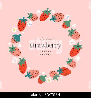 Cornice moderna fragola bordo, sfondo vettoriale con frutti di bosco disegnati a mano, copy spazio modello, luogo per il tuo testo, buono come etichetta per l'imballaggio, scheda Illustrazione Vettoriale