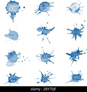 Set di pennelli per blot blu. Colorazione vettore artistico utilizzato come elemento di disegno decorativo di sfondo, brochure, poster, scheda, Illustrazione Vettoriale