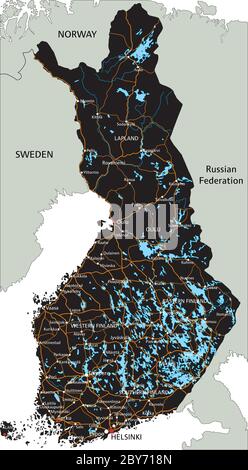 Mappa stradale dettagliata della Finlandia con etichettatura. Illustrazione Vettoriale